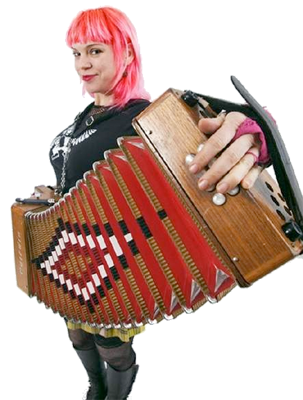 Rene de la Prade, zoals zij staat afgebeeld achterop een van de Accordeon Babes Kalenders.