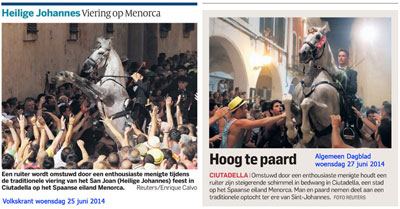 Knipsels uit Volkskrant en Algemeen Dagblad van 25 juni. Opmerkelijk dat deze media allebei op dezelfde dag aandacht schenken aan het St. Joan-feest op Menorca. Tijdens deze paardenshow wordt uit traditie de Jaleo de Ferreries gespeeld door een blaasorkest.