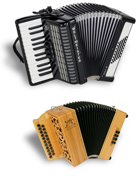 Onder een trekharmonica, Boven een eenvoudige (klavier)accordeon. Duidelijk is dat een tweerijige trekharmonica veel compacter is.