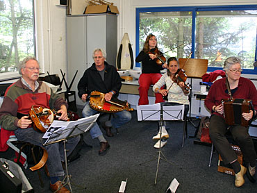 Het niet meer alleen de trekzak die de scepter zwaait op Trek er es Uut. Een blik op de samenspelgroep van Toon van Mierlo toont een scala aan instrumenten, zoals deze (slinger-)violen.