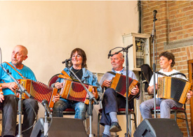 We zien hier twee Castagnaris, een Karel van de Leeuw en een voor mij onbekend merk. Maar het moet wel een goeie zijn, want de bespeelster is zeer kritisch op haar instrumentarium.